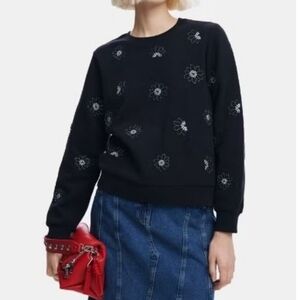 Desigual Black Crewneck Sweater with White Beaded Floral Accents